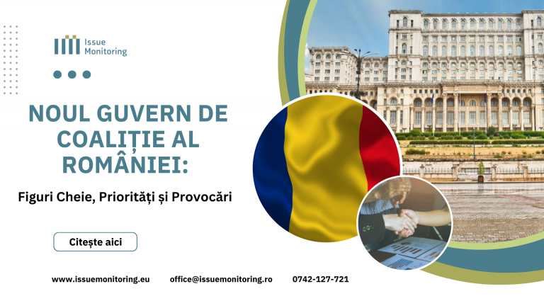 banner cu steagul romaniei, 2 profesionisti care isi strang mana si palatul parlamentului