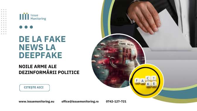 Banner cu imagini reprezentative pentru fake news, imagini din presa si o urna de votare