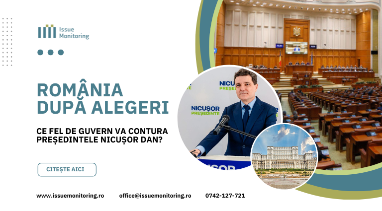 banner cu imagini sugestive pentru parlament, guvern și o fotografie cu Nicușor Dan