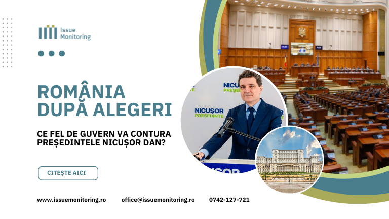 banner cu imagini sugestive pentru parlament, guvern și o fotografie cu Nicușor Dan