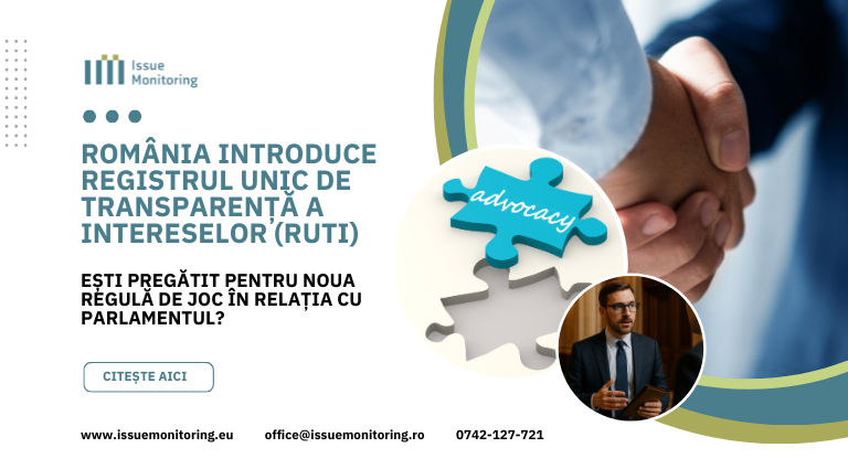 banner cu strângere de mână, advocacy și un profesionist de public affairs preocupat.