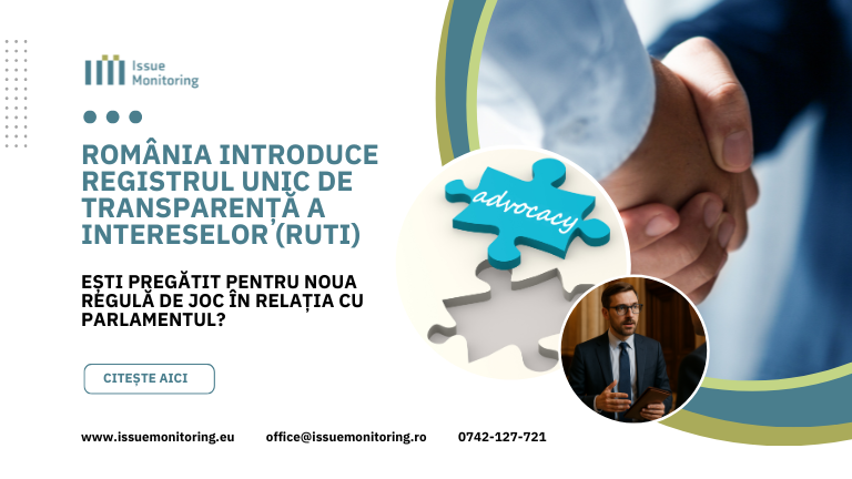 banner cu strângere de mână, advocacy și un profesionist de public affairs preocupat.